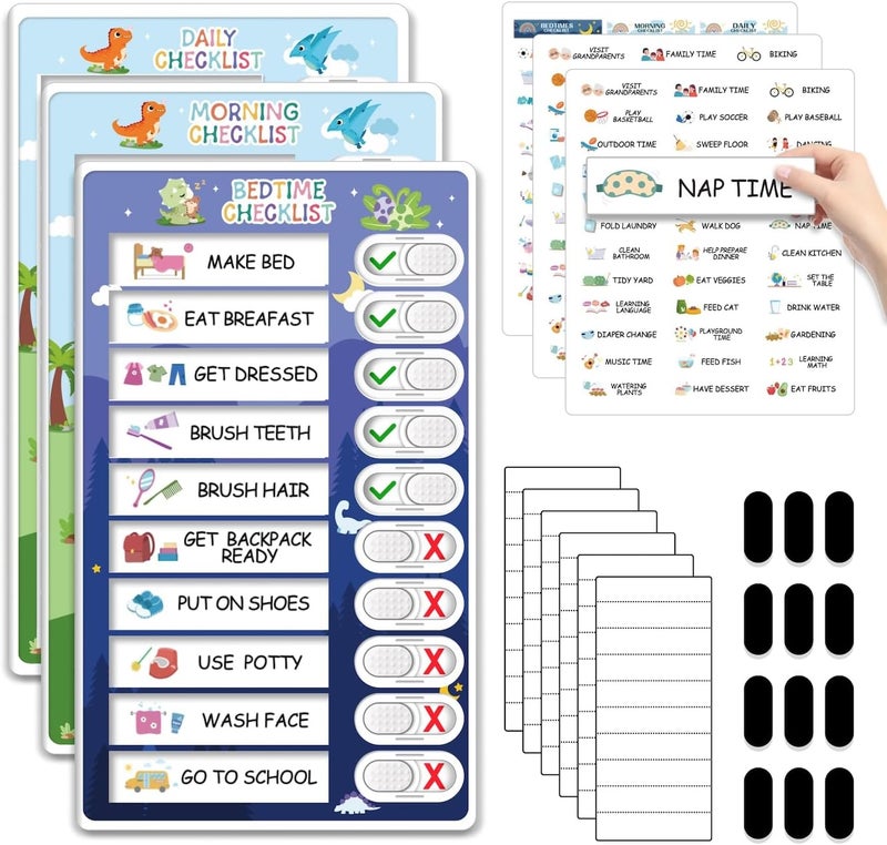 CustomMaster 3 in 1 Bedtime/Morning/Daily Routine Chart for Kids, Magnetic Chore Chart for Kids with Cute Chore Stickers, Visual Schedule for Kids with Autism, Cute to Do List Checklist for Kids - Image 1